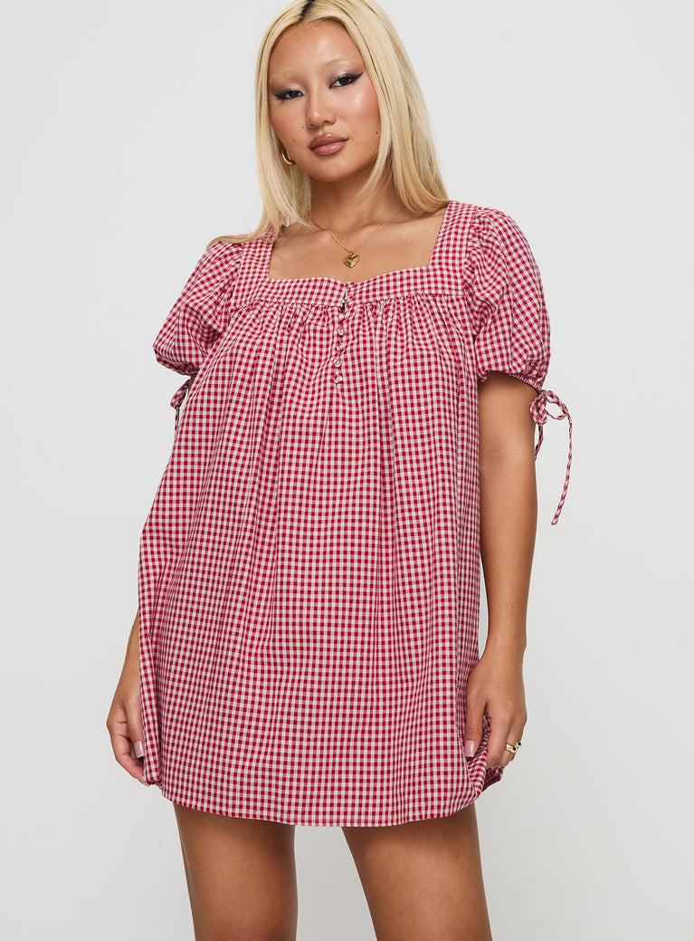 side view of model wearing Princess Polly Lilibet Mini Dress Red Gingham Square Neck 