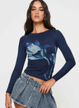 Blue Long sleeve top Mesh material, graphic print, high neckline, slim fit