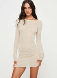 front view of model wearing Princess Polly Ardis Long Sleeve Mini Dress White Boat Neck 