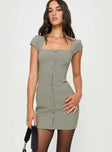 front view of model wearing Princess Polly Gaskin Cap Sleeve Mini Dress Slate Square Neck 