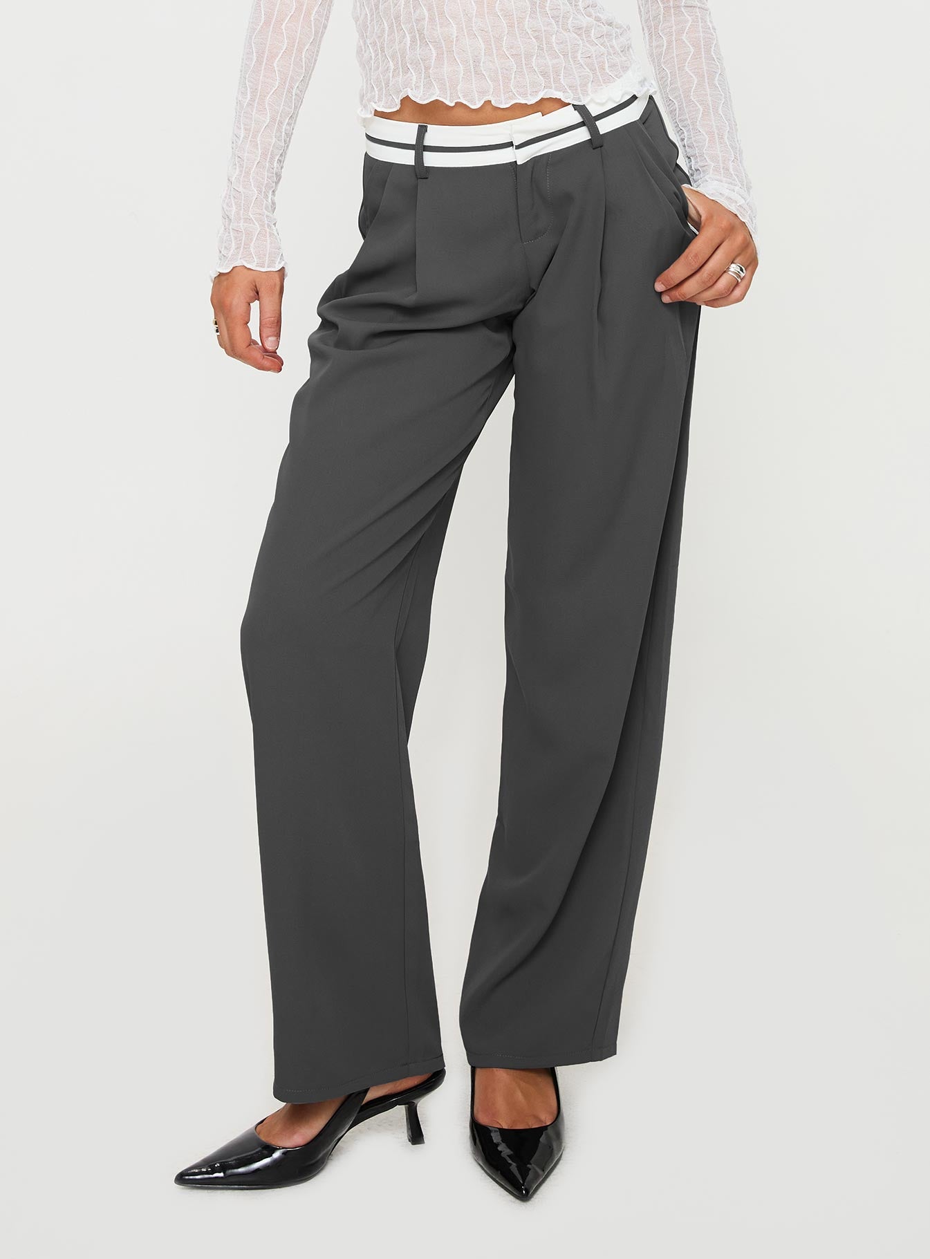 back view of model wearing Princess Polly Tennent Low Waist Pants Slate Mid Rise 