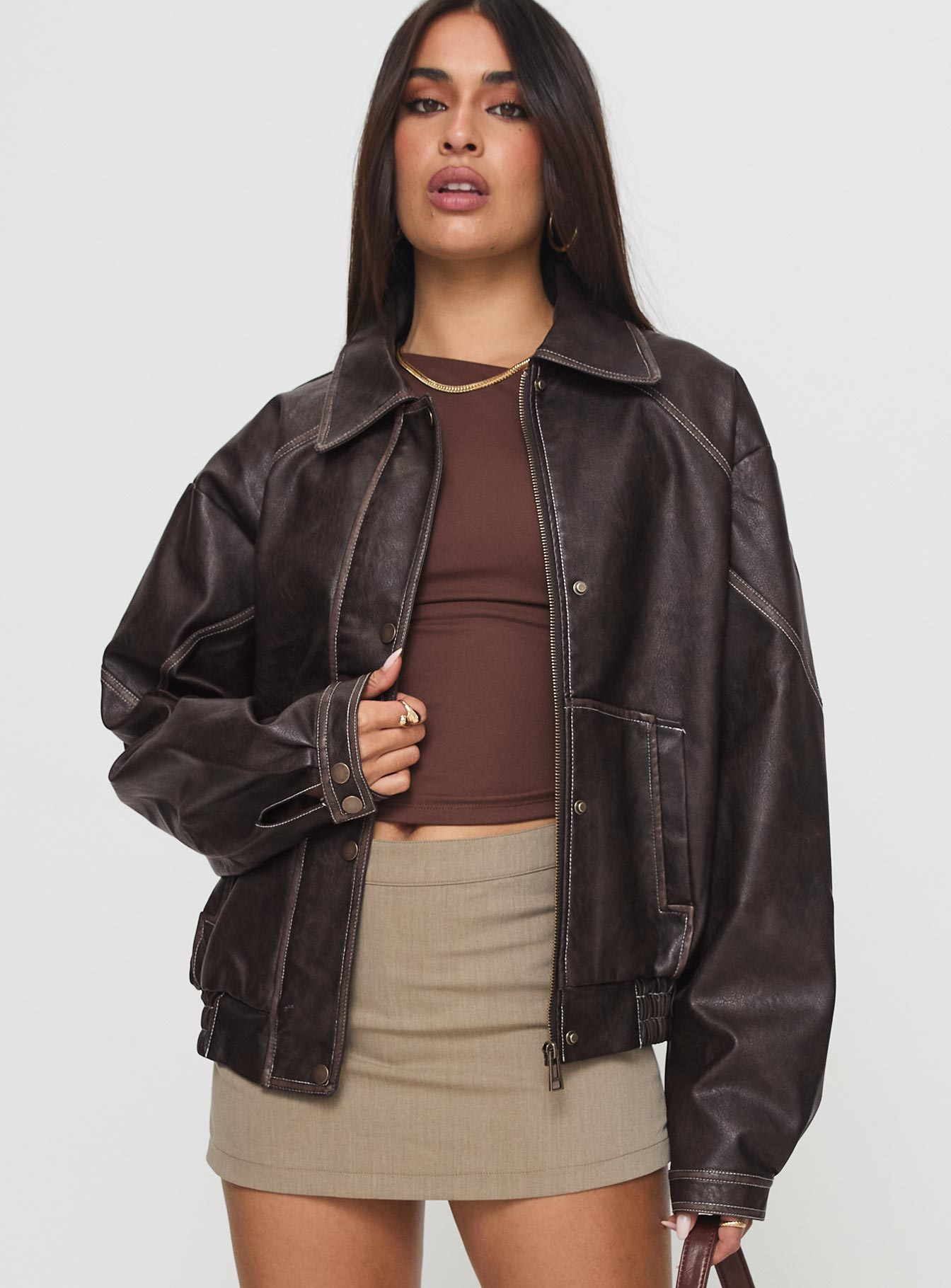 Jaxton Faux Leather Jacket Brown | Princess Polly