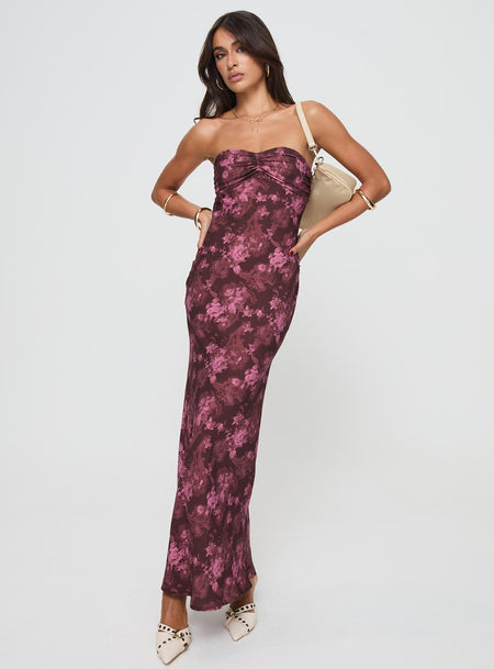 Strapless floral maxi dress  Inner silicone strip at bust, ruched detail at bust, invisible zip fastening at side Non-stretch, lined bust
