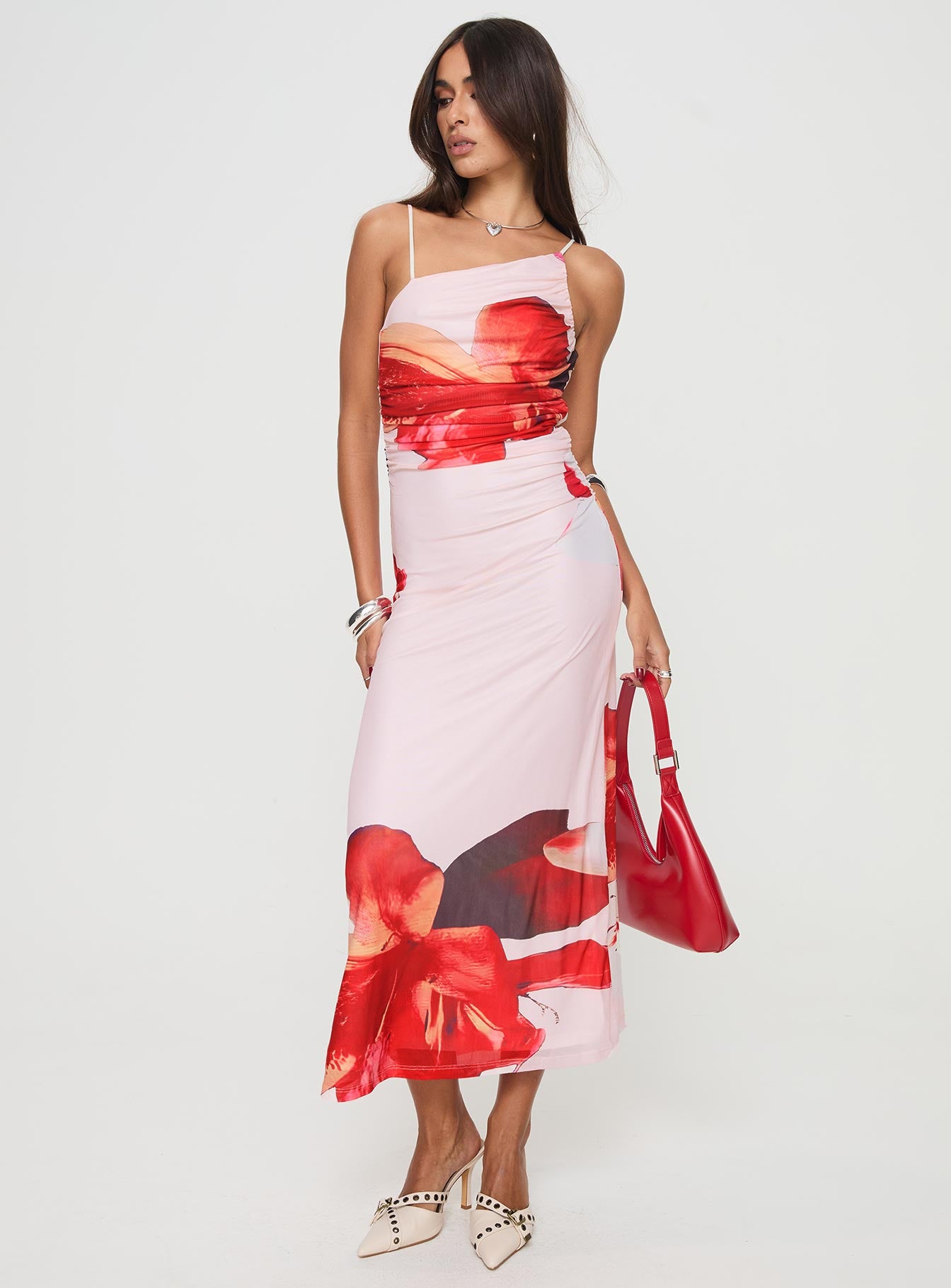 front view of model wearing Princess Polly Simeon Maxi Dress Floral Multi Asymmetric Neckline 