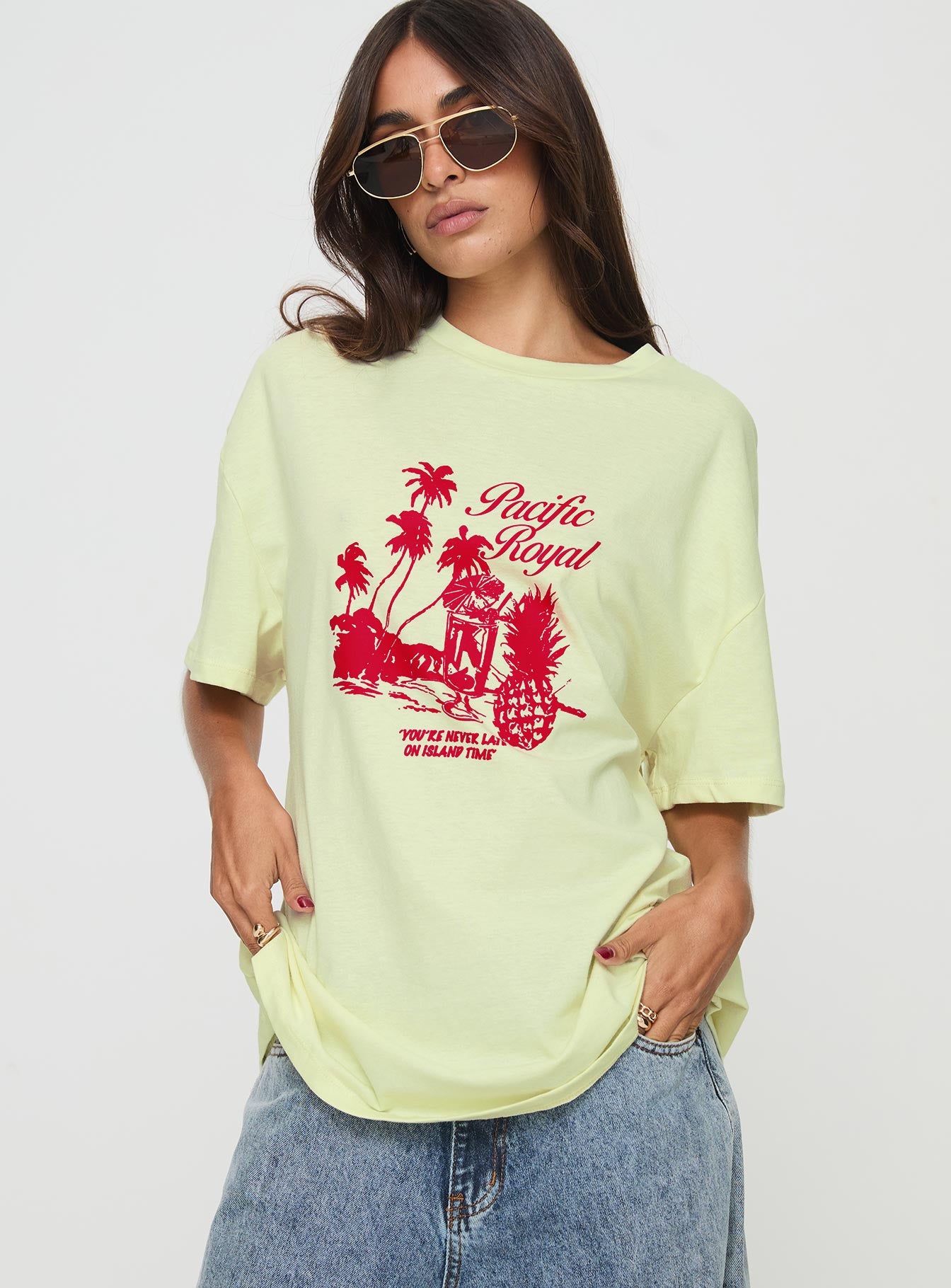 front view of model wearing Princess Polly Pacific Tee Yellow Half Sleeves Crew Neck 