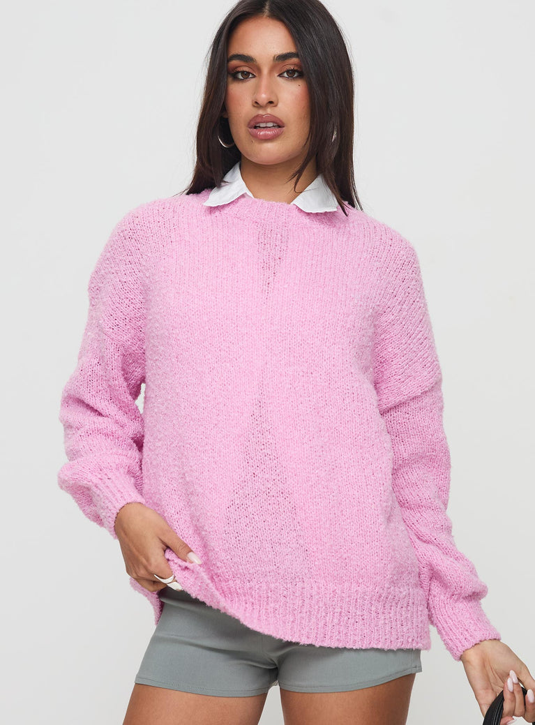 front view of model wearing Princess Polly Niomie Knit Sweater Pink Long 