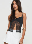 front view of model wearing Princess Polly Marcio Lace Top Black Sleeveless Sweetheart 