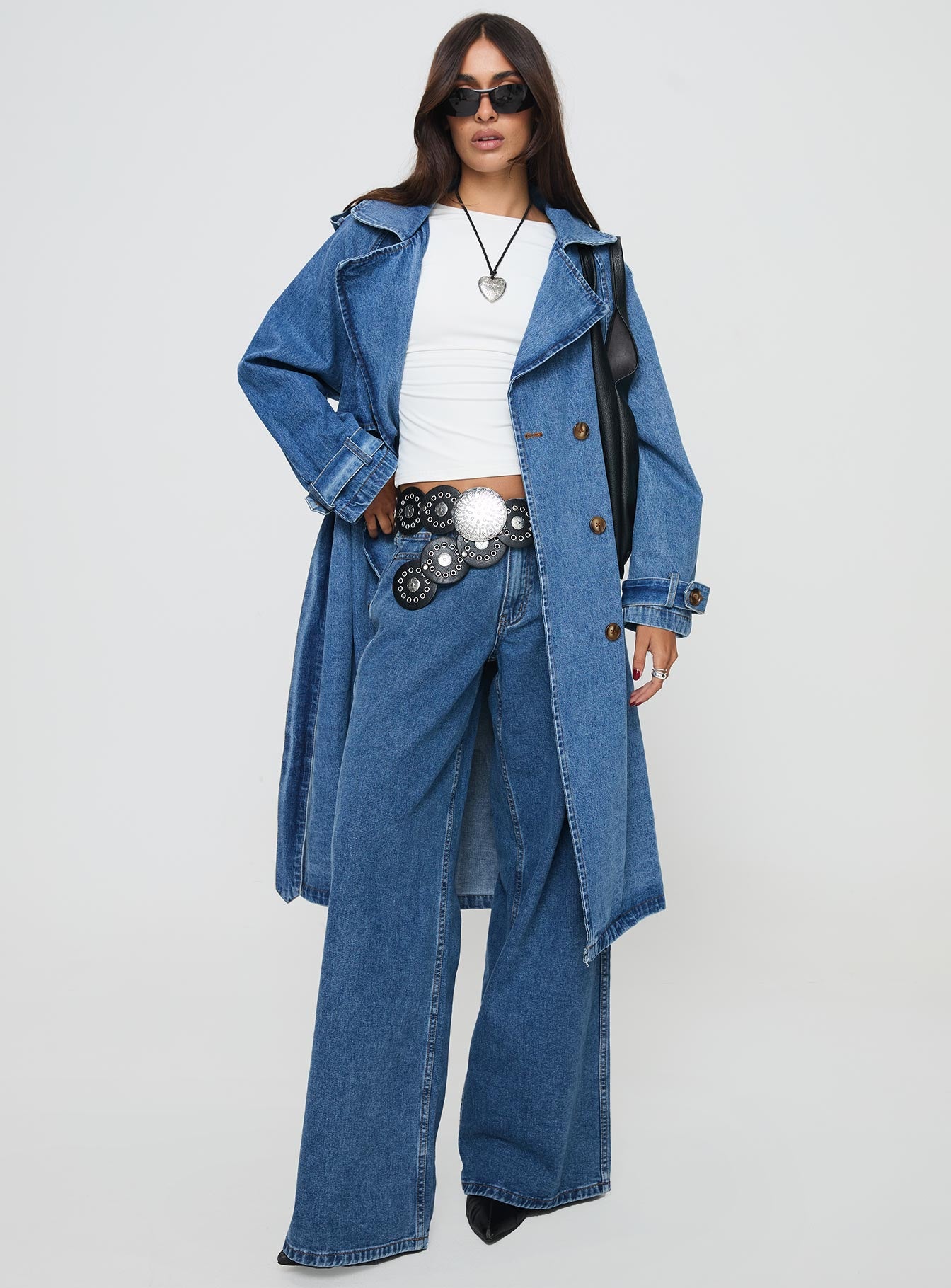 Honeyed denim trench coat mid wash