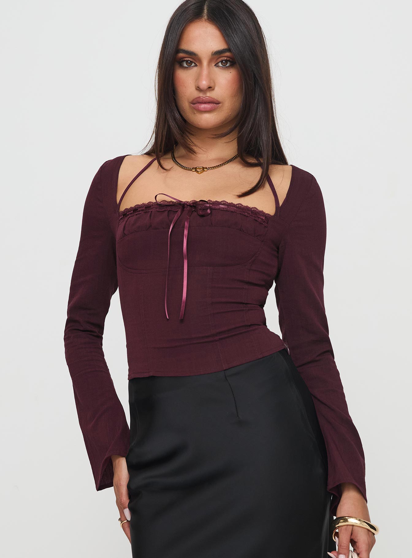 front view of model wearing Princess Polly Trynia Long Sleeve Top Burgundy Full Sleeves Square Neck 