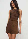 side view of model wearing Princess Polly Rosabella Mini Dress Brown Crew Neck 