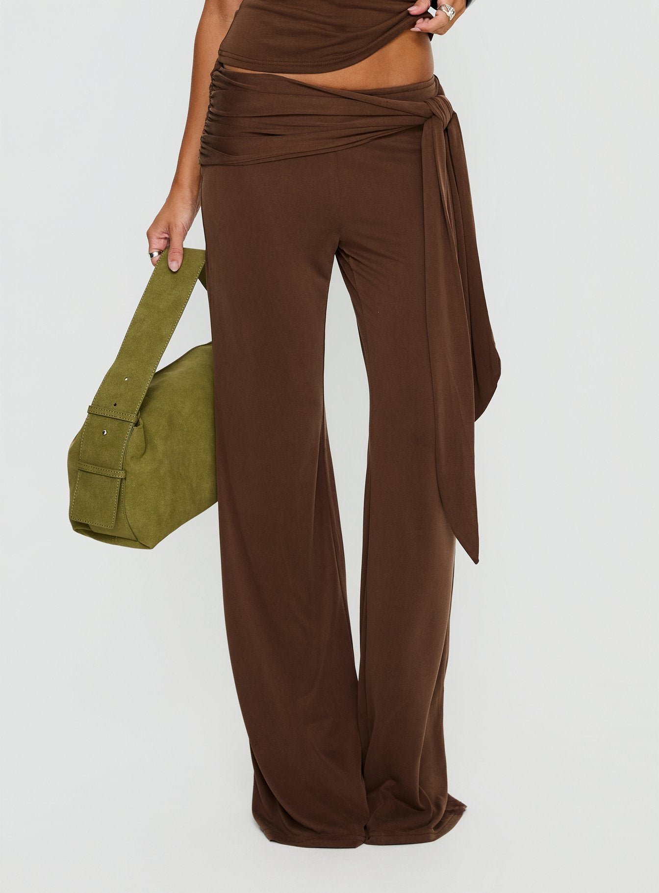 back view of model wearing Princess Polly Katiana Wrap Jersey Pants Brown Mid Rise Pants 