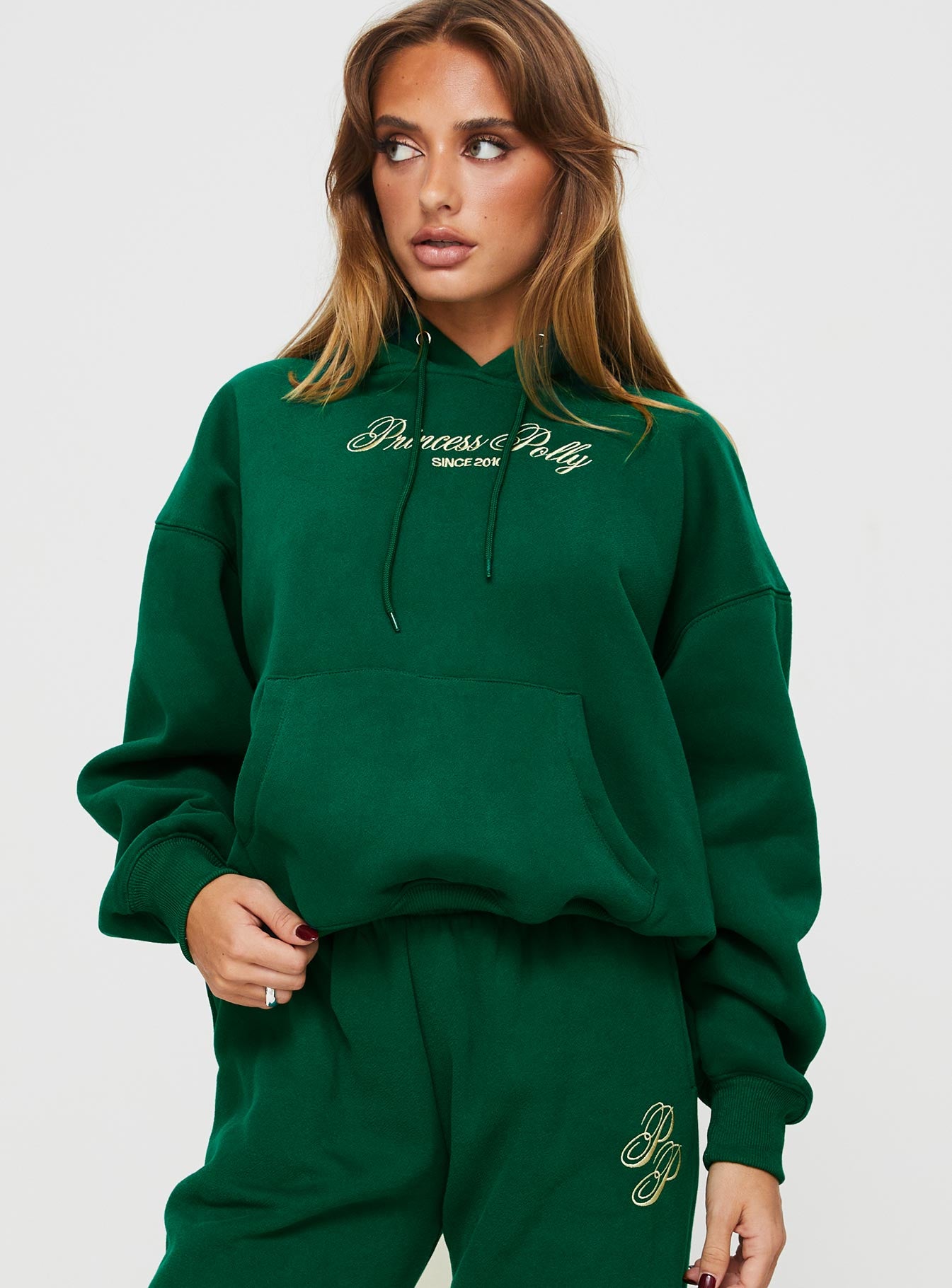 Princess polly hooded sweatshirt script green / ivory