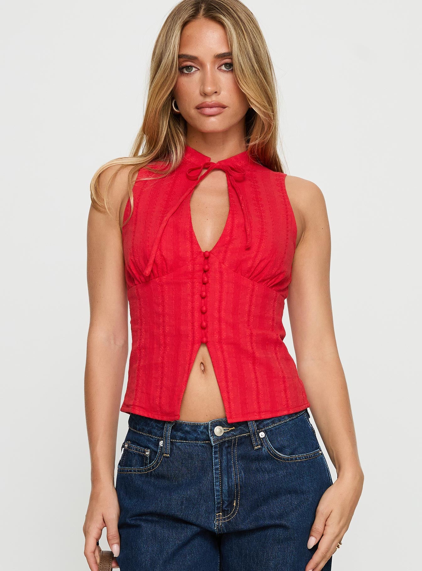 Tempting Tie Detail Top Red