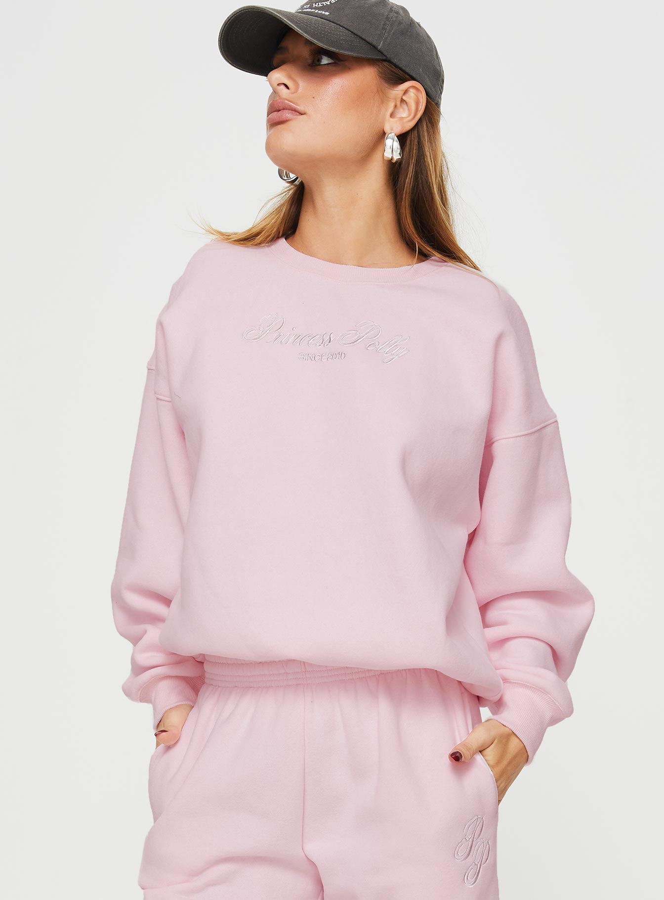 Princess polly crew neck sweatshirt script baby pink / grey