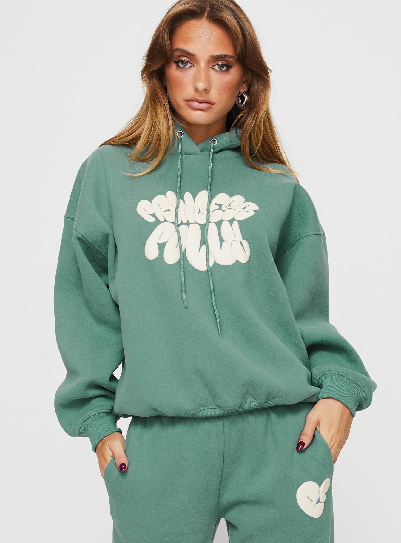 Princess polly hooded sweatshirt bubble text sage / eggshell