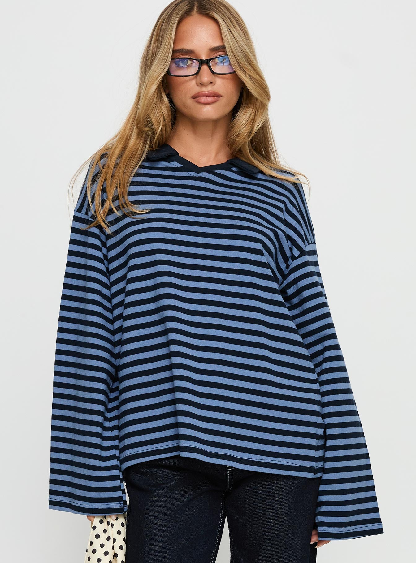 Settle Down Collared Long Sleeve Top Navy Stripe