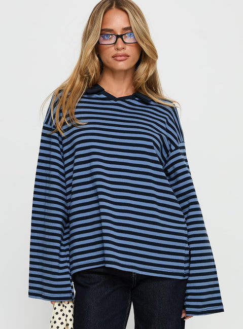 Settle Down Collared Long Sleeve Top Navy Stripe