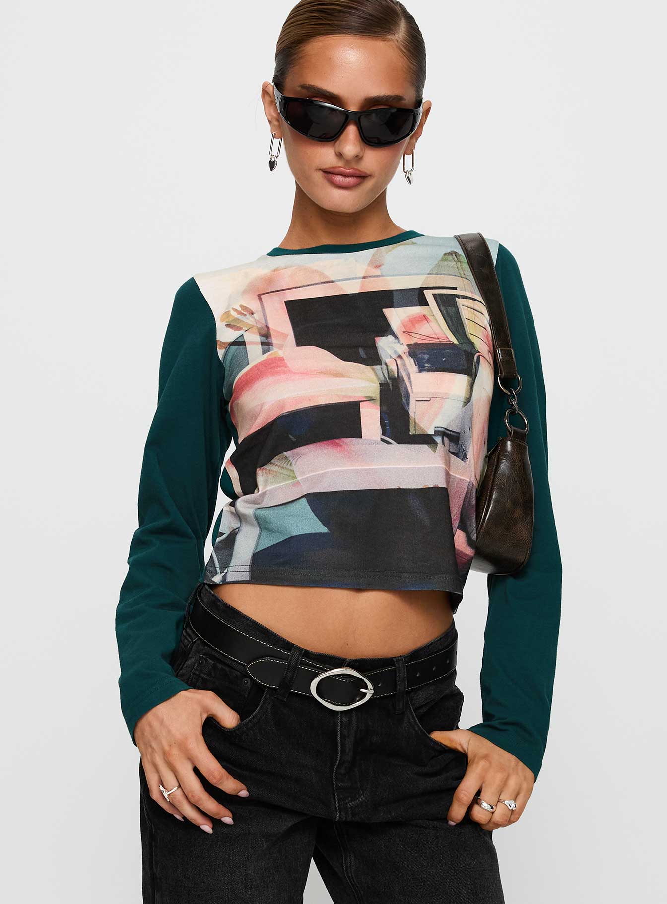 front view of model wearing Princess Polly Sonique Long Sleeve Top Multi Full Sleeves Crew Neck 