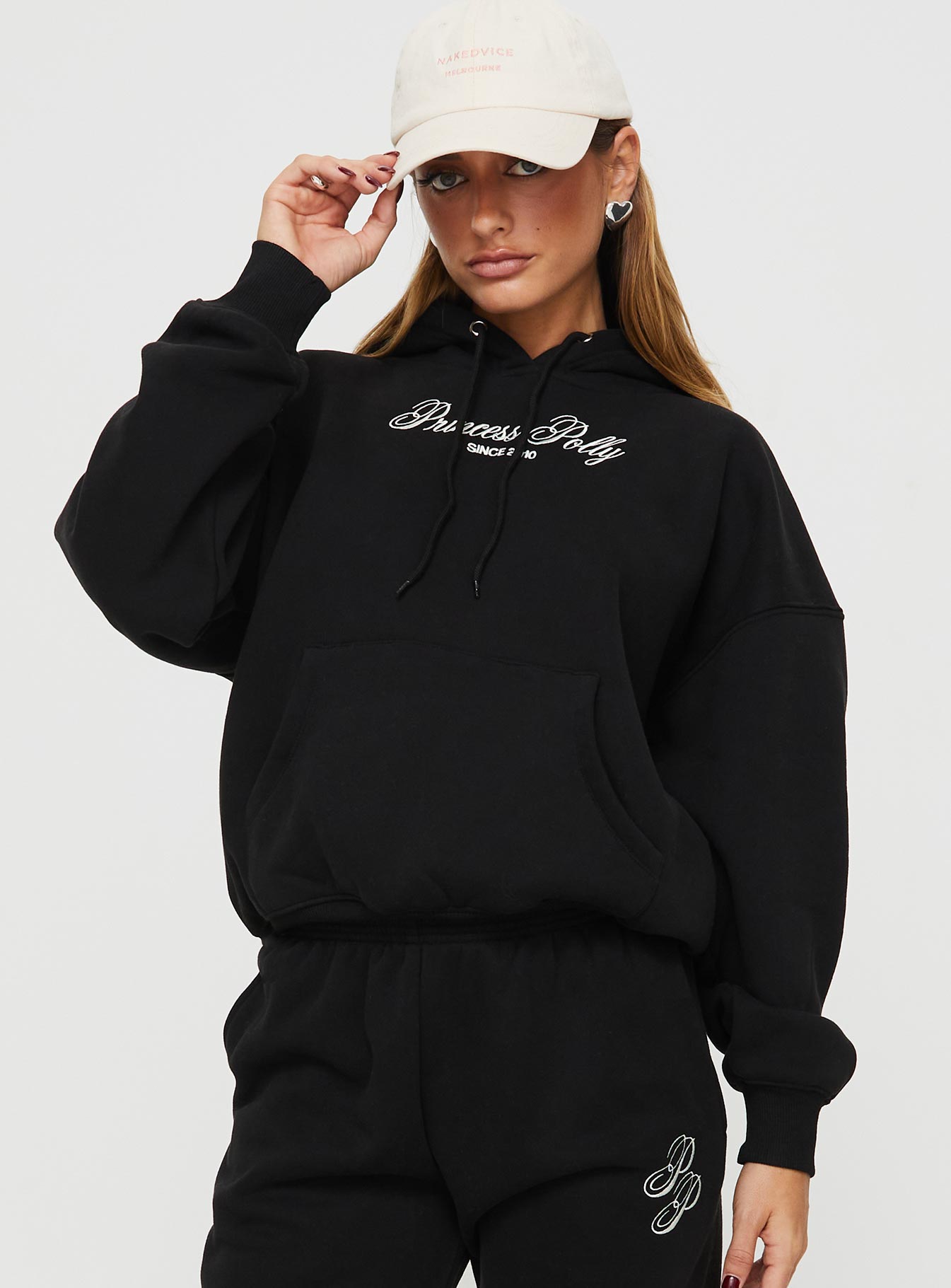 Princess polly hooded sweatshirt script black / ivory