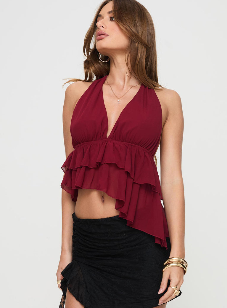 side view of model wearing Princess Polly Philomela Top Burgundy Sleeveless Plunger 