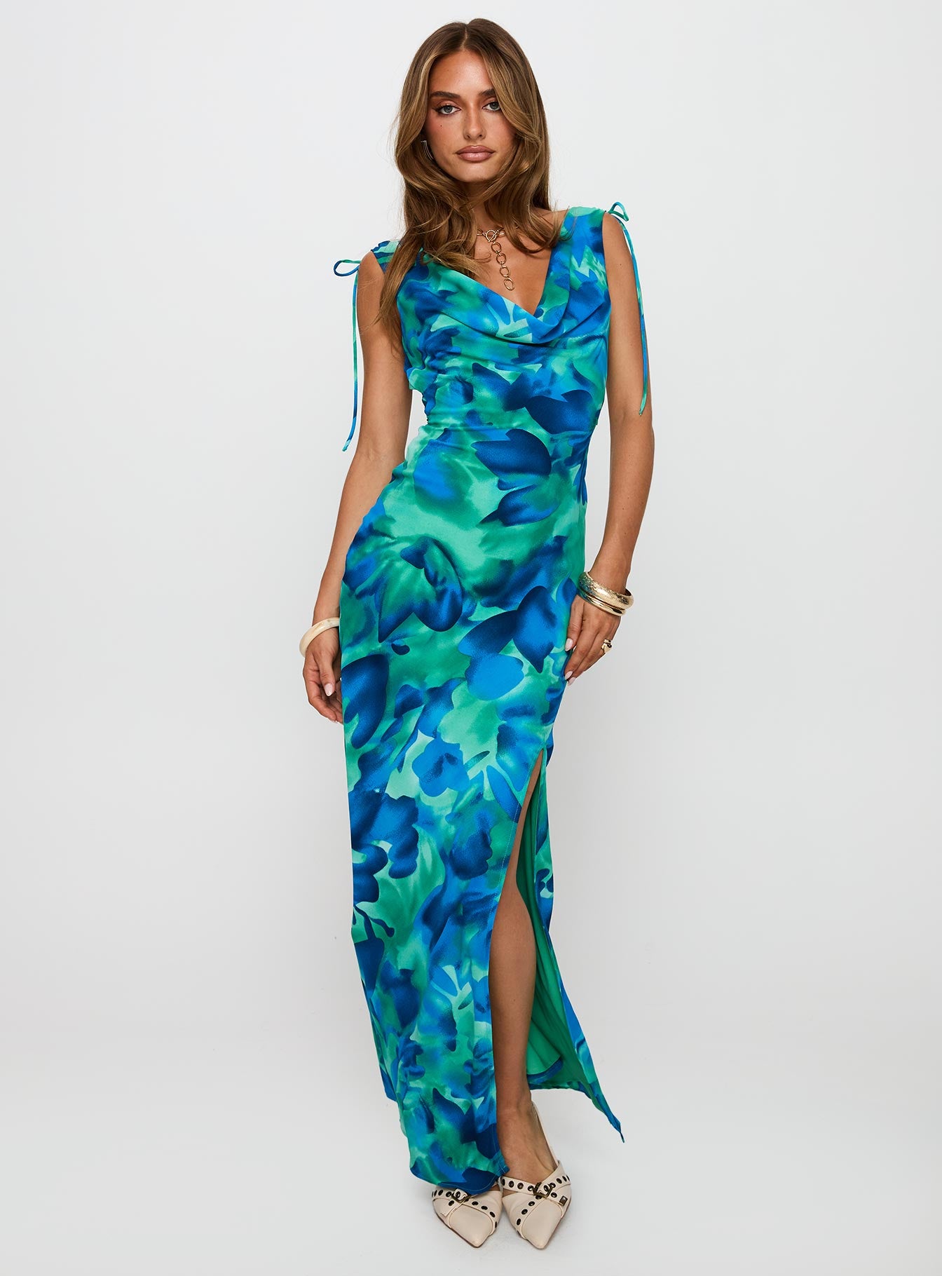 front view of model wearing Princess Polly Symphonies Cowl Maxi Dress Multi Cowl Neck 