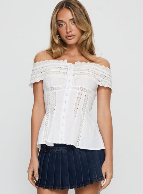 Stately Off Shoulder Lace Trim Top White