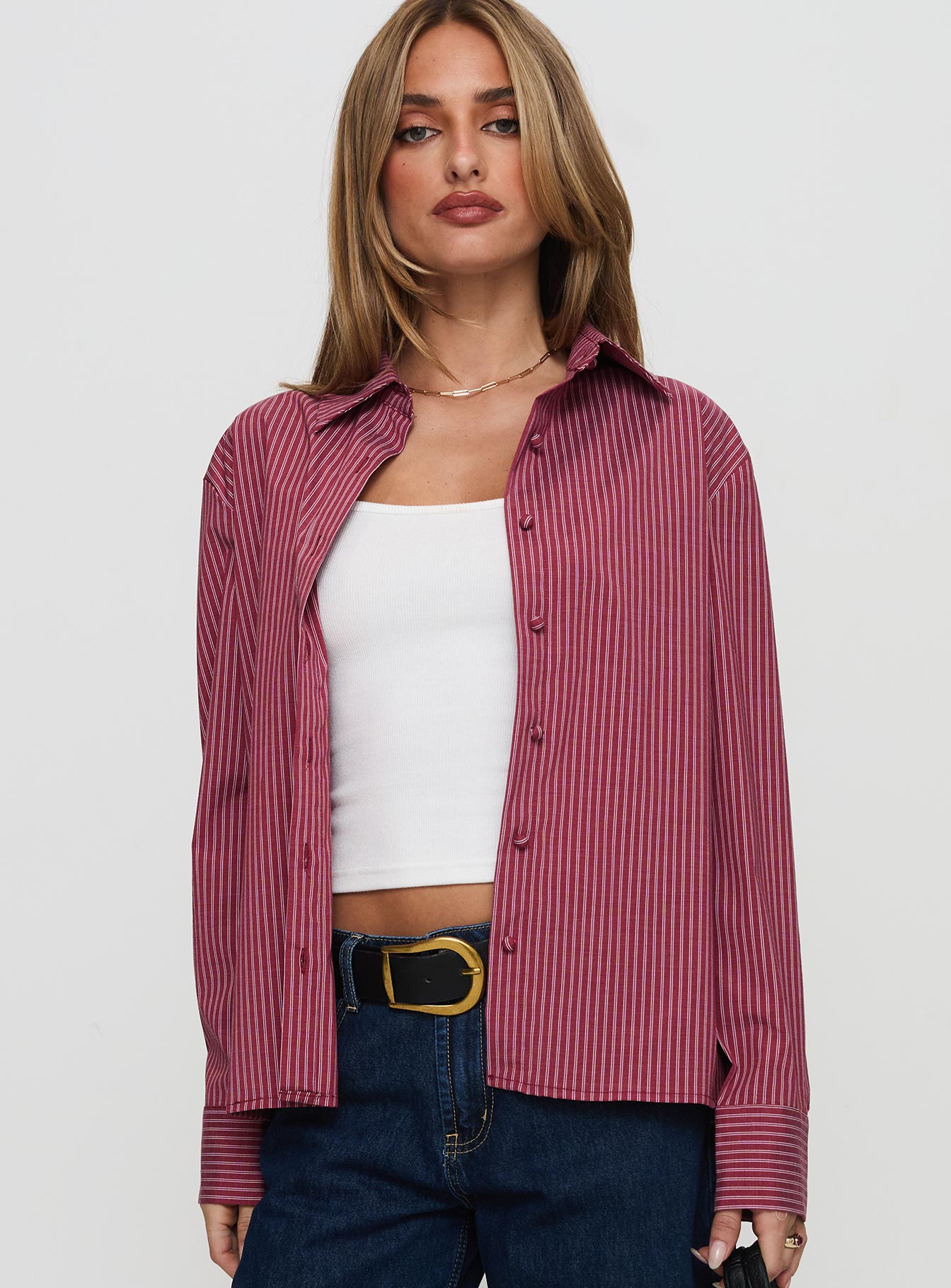 front view of model wearing Princess Polly Mandisa Long Sleeve Top Red Stripe Full Sleeves Crew Neck 