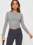 front view of model wearing Princess Polly Kailee Long Sleeve Top Grey Full Sleeves Crew Neck 