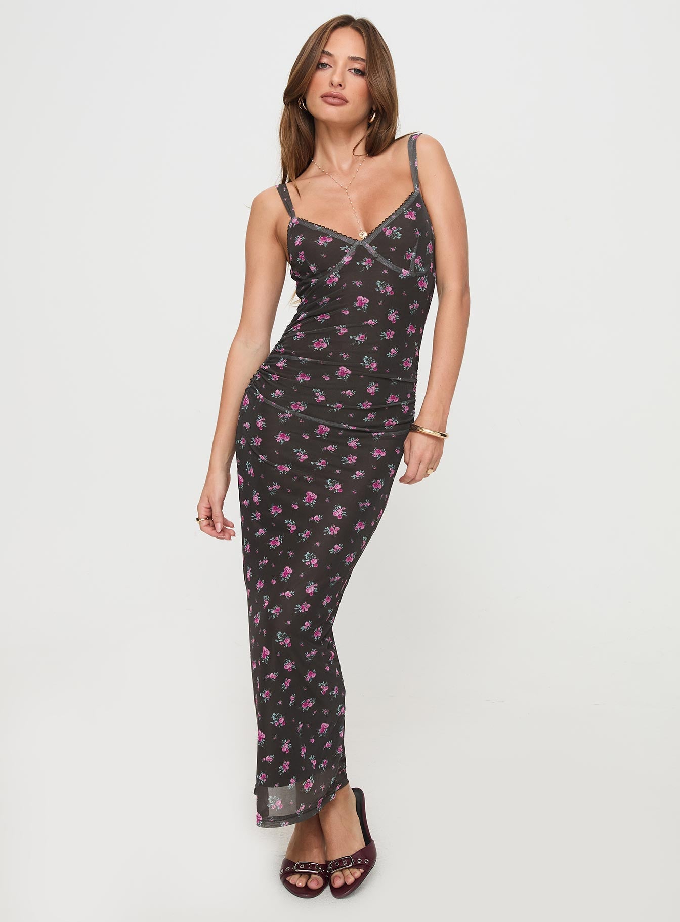side view of model wearing Princess Polly Cotter Maxi Dress Black Floral V-Neck 