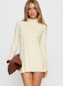 Carlee Rib Long Sleeve Mini Dress Cream