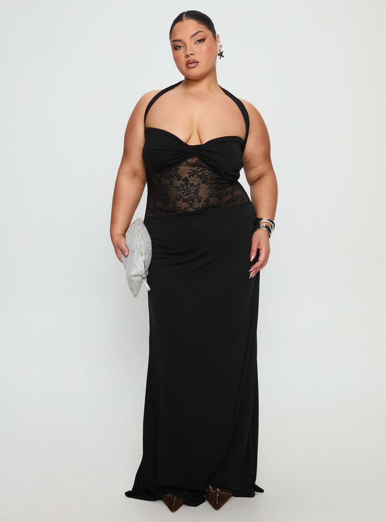 Adalyne Lace Halter Maxi Dress Black Curve | Princess Polly