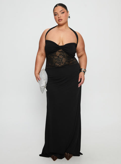 Adalyne Lace Halter Maxi Dress Black Curve | Princess Polly Adalyne Lace Halter Maxi Dress Black Curve | Princess Polly