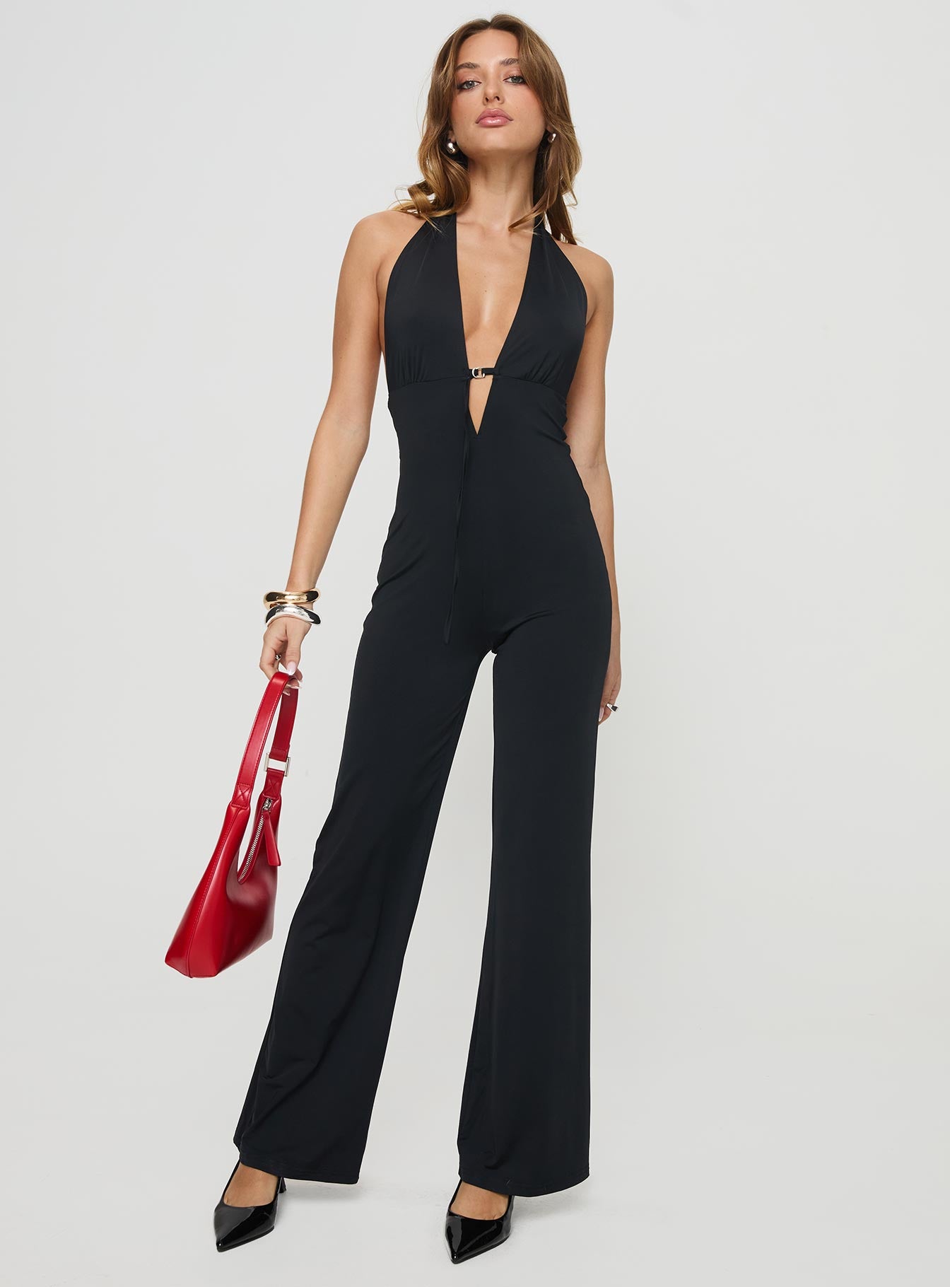 Rinaldi Plunge Neck Jumpsuit Black | Princess Polly