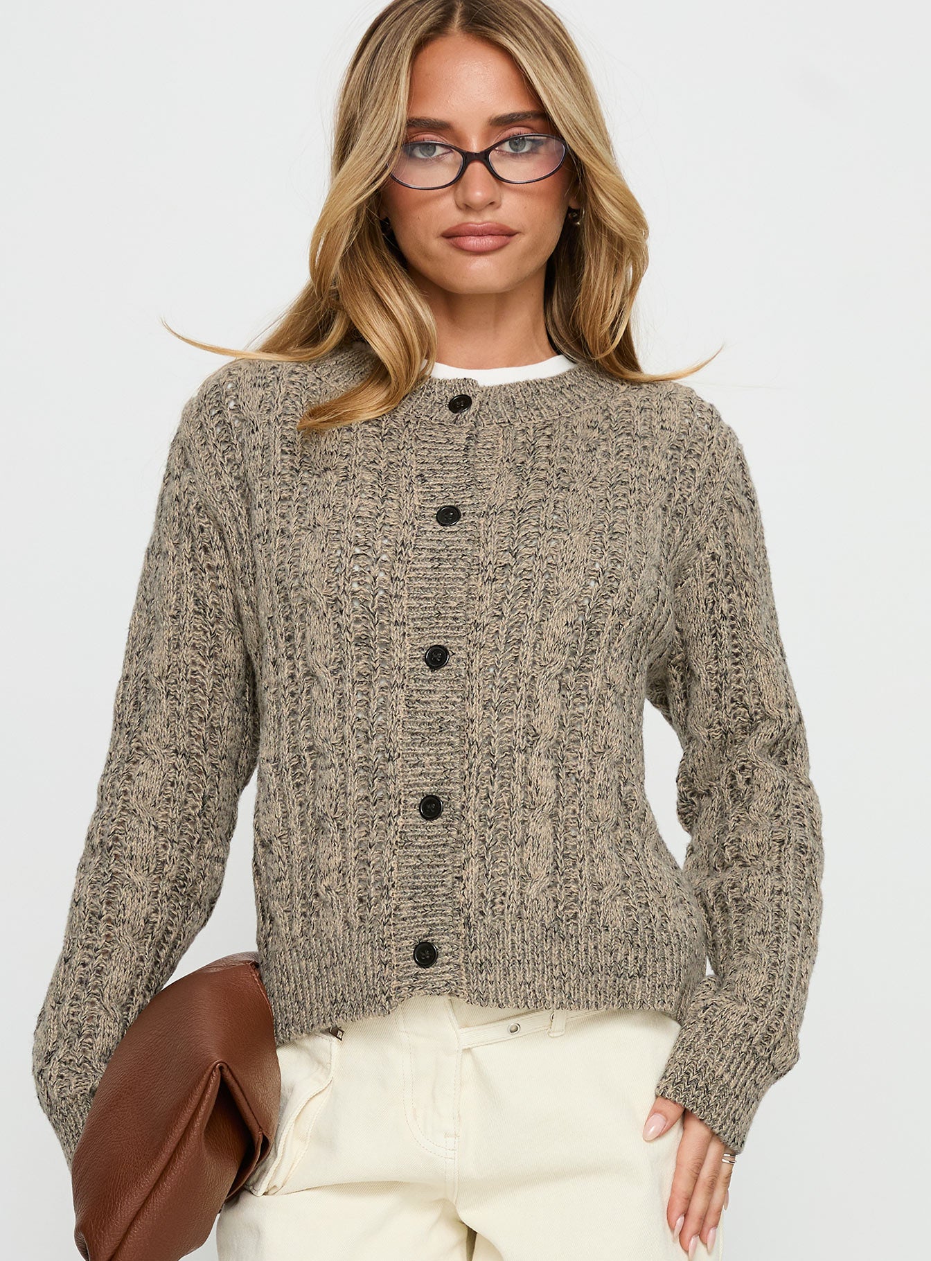 front view of model wearing Princess Polly Kaytee Button Up Knit Cardigan Grey 