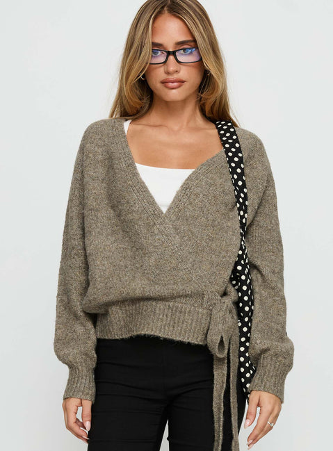 front view of model wearing Princess Polly Daelan Wrap Knit Cardigan Brown Cropped Jumpers 