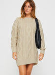 front view of model wearing Princess Polly Anaya Sweater Mini Dress Beige Crew Neck 