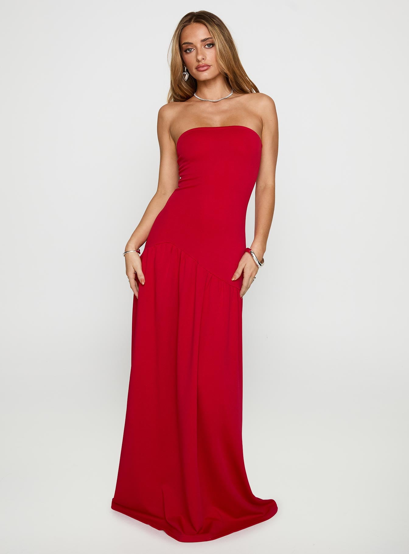 front view of model wearing Princess Polly Move Me Strapless Maxi Dress Red Straight Neck 