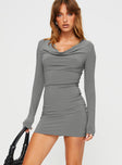 front view of model wearing Princess Polly Kindra Long Sleeve Mini Dress Grey Cowl Neck 