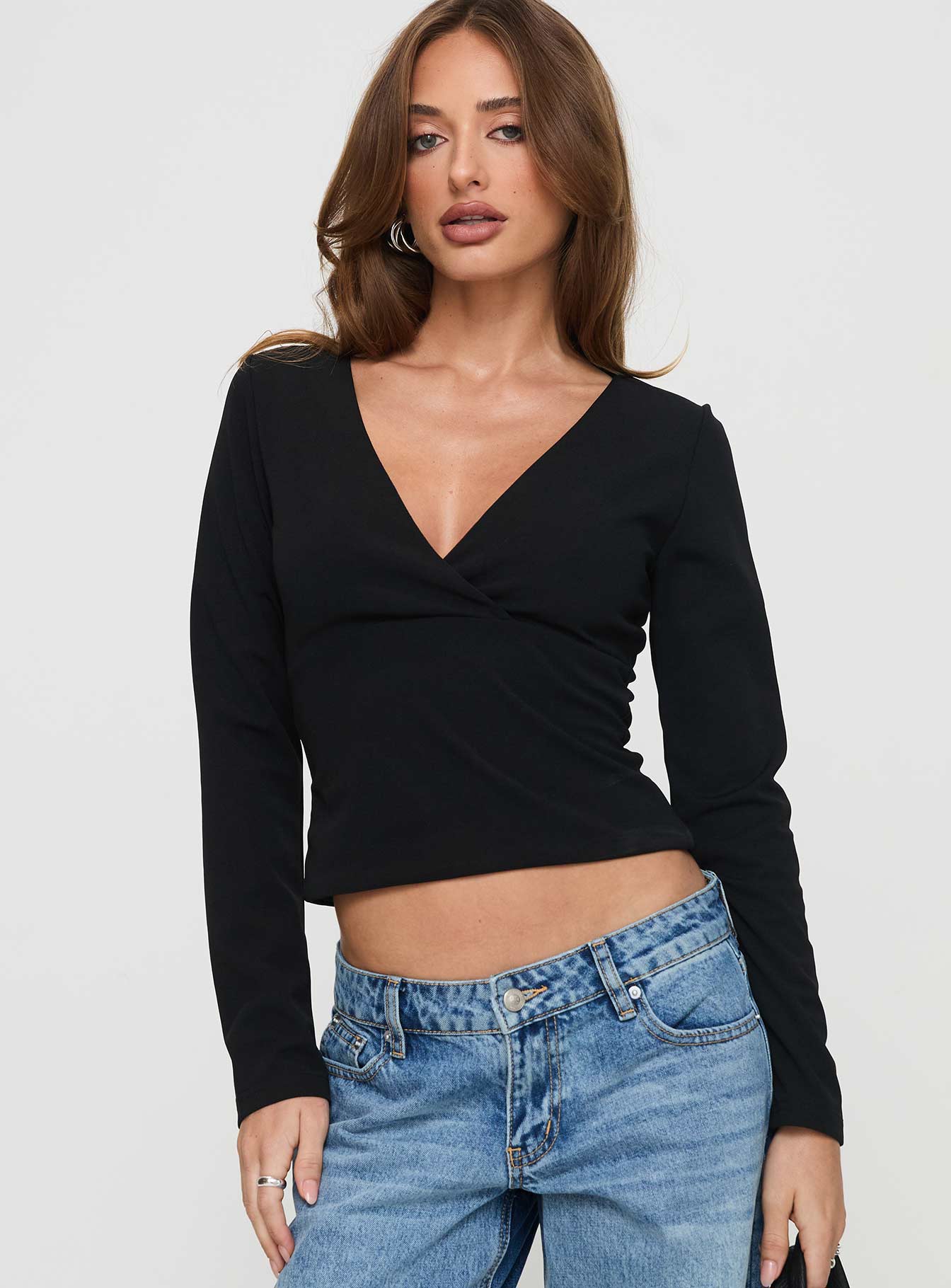 Aeva Long Sleeve Plunge Top Black | Princess Polly
