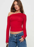 front view of model wearing Princess Polly Beller Long Sleeve Top Red Full Sleeves Asymmetric Neckline 