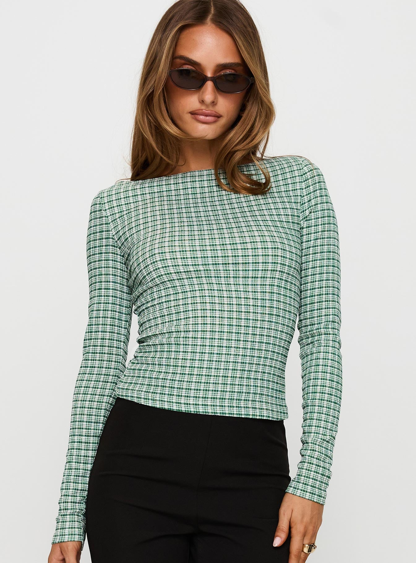 front view of model wearing Princess Polly Every Second Boat Neck Long Sleeve Top Green Check Full Sleeves Boat Neck 
