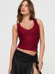 front view of model wearing Princess Polly Far Away Top Burgundy Sleeveless V-Neck 