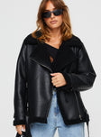 Faux leather jacket Silver-toned hardware, zip fastening down front, twin hip pockets, adjustable & removable belt Non-stretch material, shearling lined