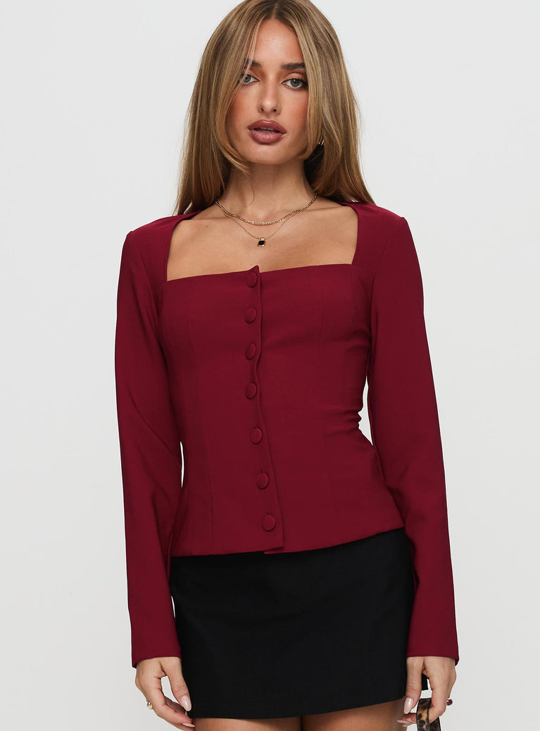 front view of model wearing Princess Polly Gaskin Long Sleeve Top Burgundy Full Sleeves Square Neck 