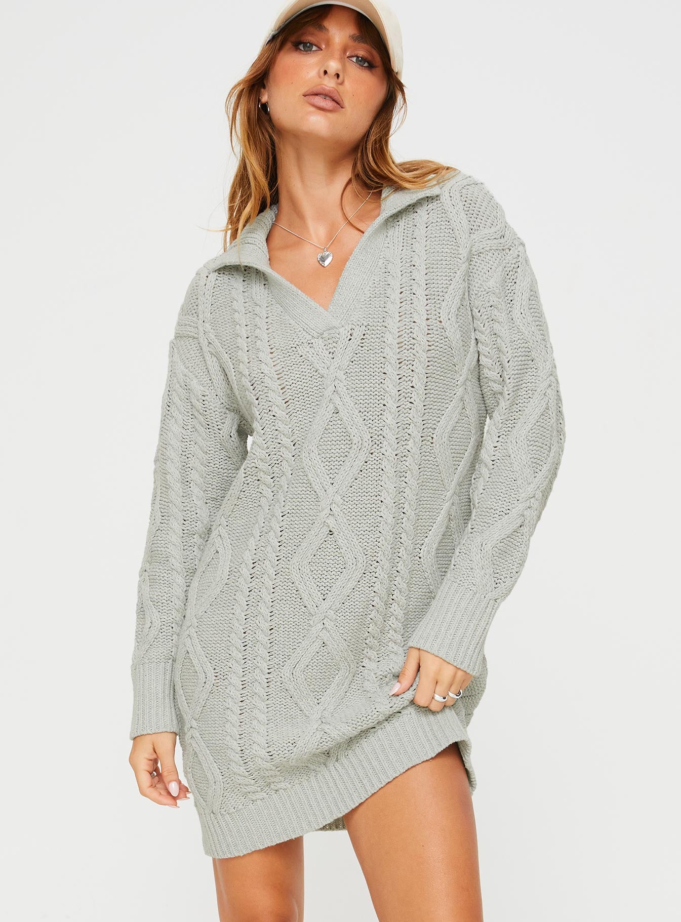 front view of model wearing Princess Polly Cavanaugh Sweater Dress Grey Marle V-Neck 