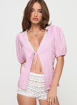 front view of model wearing Princess Polly Sez Top Pink Gingham Half Sleeves Plunger 