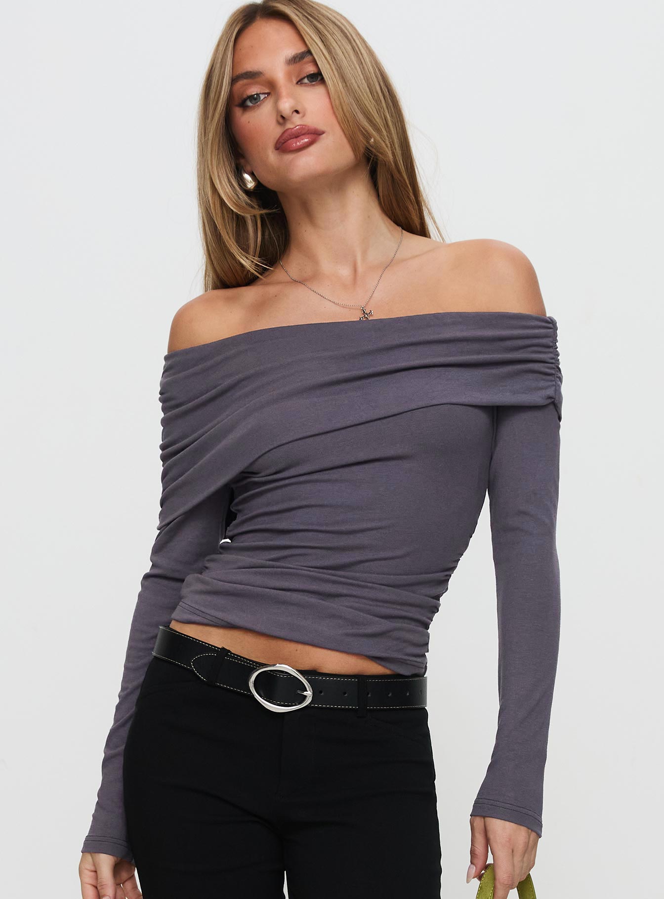 front view of model wearing Princess Polly Erving Long Sleeve Off Shoulder Top Slate Full Sleeves straight 