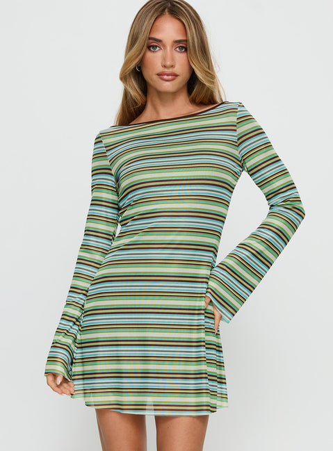 Lukea Long Sleeve Mini Dress | Green Stripe | Womens | Princess Polly Lower Impact Lukea Long Sleeve Mini Dress | Green Stripe | Womens | Princess Polly Lower Impact
