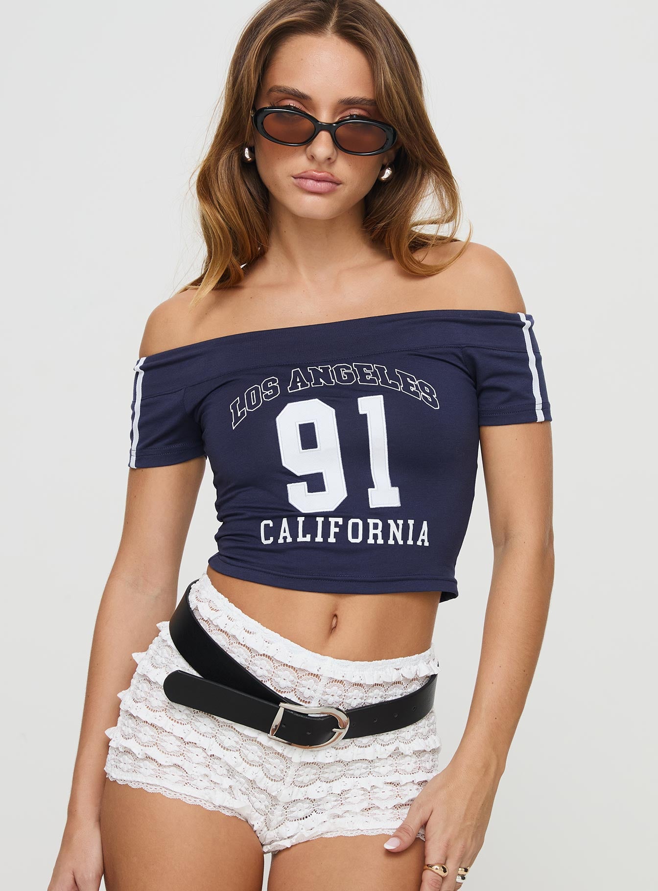 Serendipia off the shoulder graphic top navy