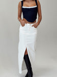 Denim maxi skirt High rise Black denim Belt looped waist Zip and button fastening Three pocket design Front slit